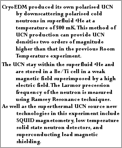 Text Box: CryoEDM produced its own polarised UCN by downscattering polarised cold neutrons in superfluid 4He at a temperature of 500 mK. This method of UCN production can provide UCN densities two orders of magnitude higher than that in the previous Room Temperature experiment.The UCN stay within the superfluid 4He and are stored in a Be/Ti cell in a weak magnetic field superimposed by a high electric field. The Larmor precession frequency of the neutron is measured using Ramsey Resonance techniques.As well as the superthermal UCN source new technologies in this experiment include SQUID magnetometry, low temperature solid state neutron detectors, and superconducting lead magnetic shielding.